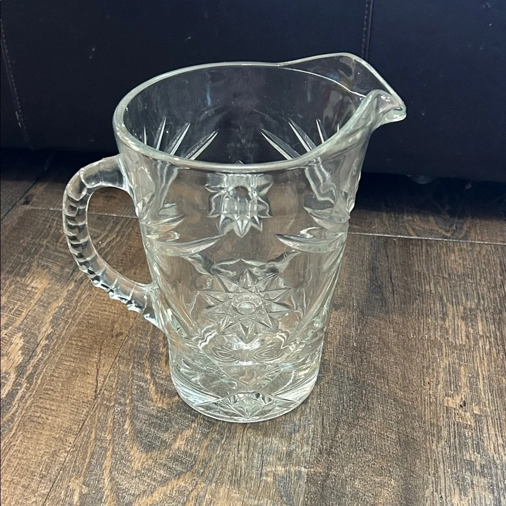 Vintage Anchor Hocking Prescut 54oz 8 Inch‎ Glass Pitcher Hob Stars Palm Trees